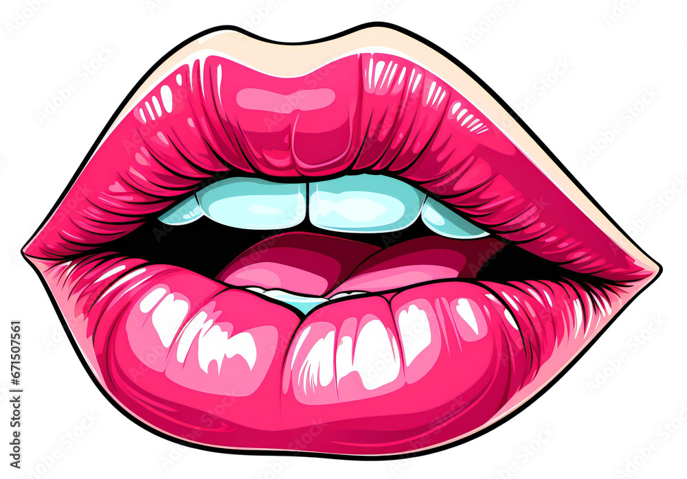 Half-open mouth, lush pink lips in comic style. Isolated on a transparent background.