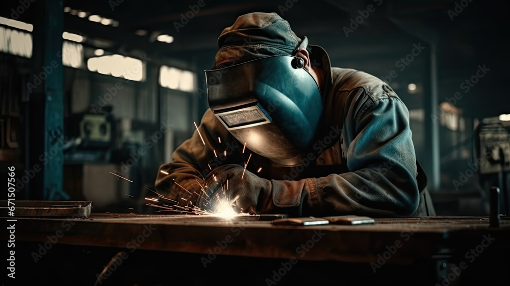 A man wearing a gas mask is working or welding on a piece of metal. A man wearing a gas mask is working or welding on a piece of metal.