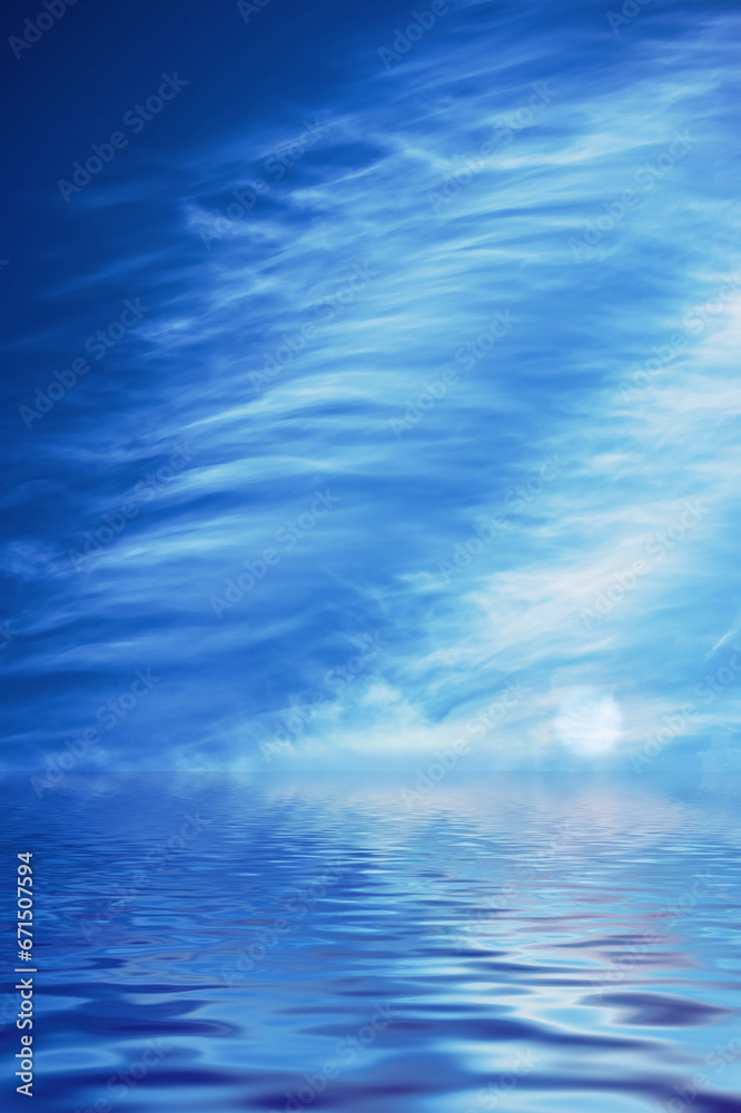 Blue ocean with a cloudy sky showing light reflection on water for creative copy space background. Abstract seascape with round moon and ripple effect or wave pattern on quiet lake or peaceful puddle