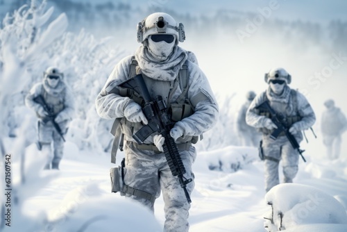 Soldiers in winter camouflage patrolling a snowy landscape, showcasing military preparedness. Generative Ai