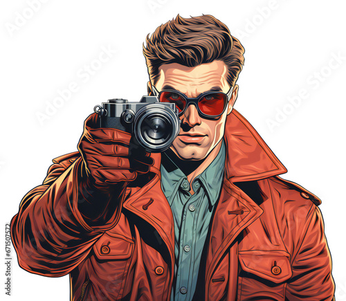 A brutal brown-haired man wearing sunglasses, a red jacket, and leather gloves in a comic book style. A young man takes a photograph with one hand. Isolated on a transparent background.