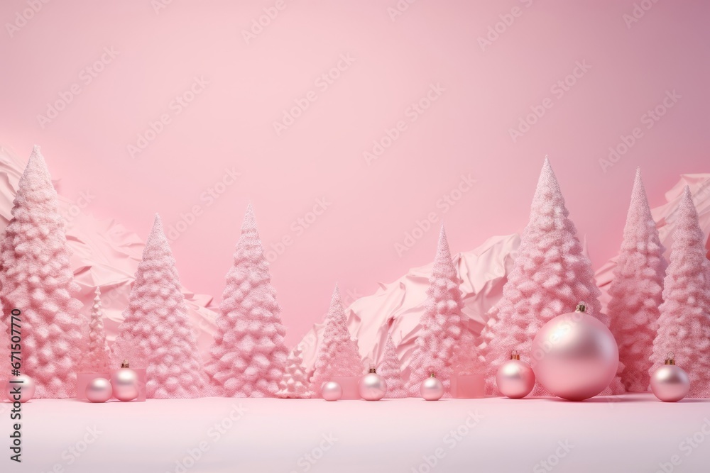 Happy New Year. Pink pastel Christmas trees, decorative balloons, snow drifts, snowflakes copy space. Holiday gift card, web banner