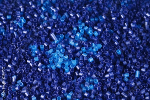 Close up Flat lay of a blue plastic polypropylene granules on a table, copy space, Generative AI
