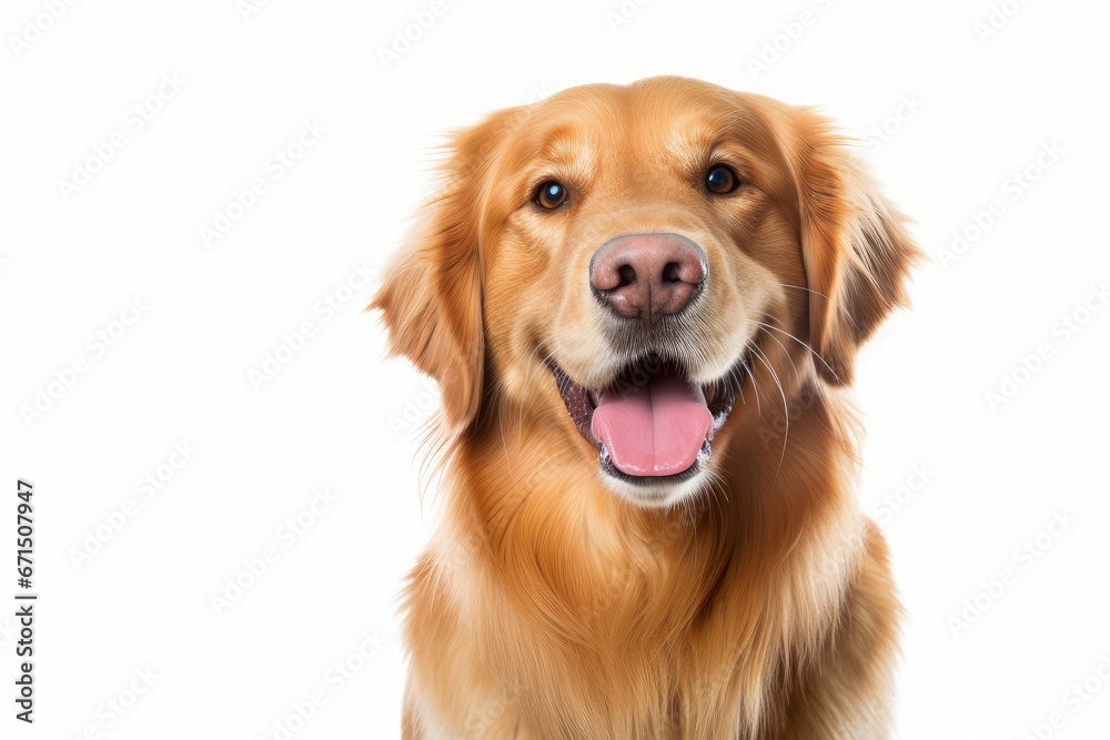 Portrait of a happy adult golden retriever dog smiling on isolated white background with copy space, Generative AI