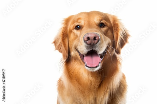 Portrait of a happy adult golden retriever dog smiling on isolated white background with copy space, Generative AI