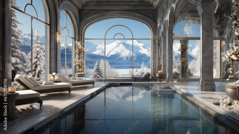 An indoor pool in a spa hotel in winter