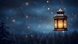 Lantern with lights in the middle of a snowy landscape, a lamp of hope,Christmas and frosty atmosphere, a scene in the middle of a snowy forest, stars light, detail ,close-up on a lantern