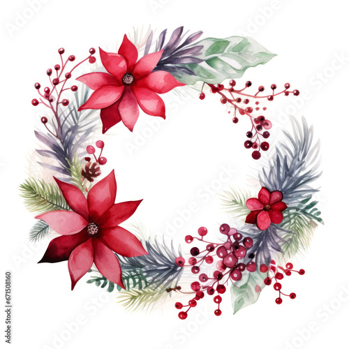 Watercolor wreath border frame featuring beautiful poinsettia Christmas star flower and pine branch on white background