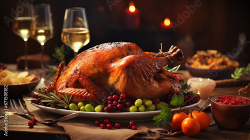 Thanksgiving baked turkey on holiday table, food and drink