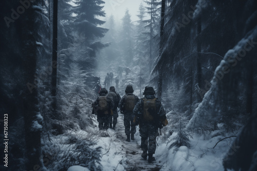soldiers walk through the forest in winter, a secret special operation
