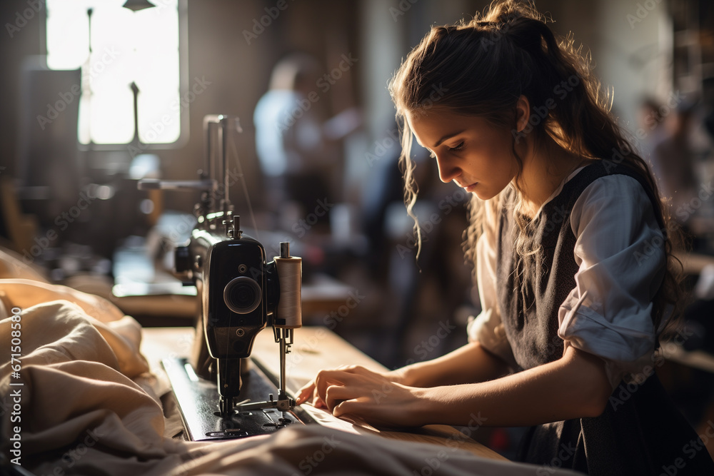 the girl behind the sewing machine - obrazy, fototapety, plakaty 