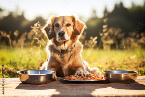 Adult golden retriever dog lying next to food and water plate at summer picnic sunny day. Cute pets concept