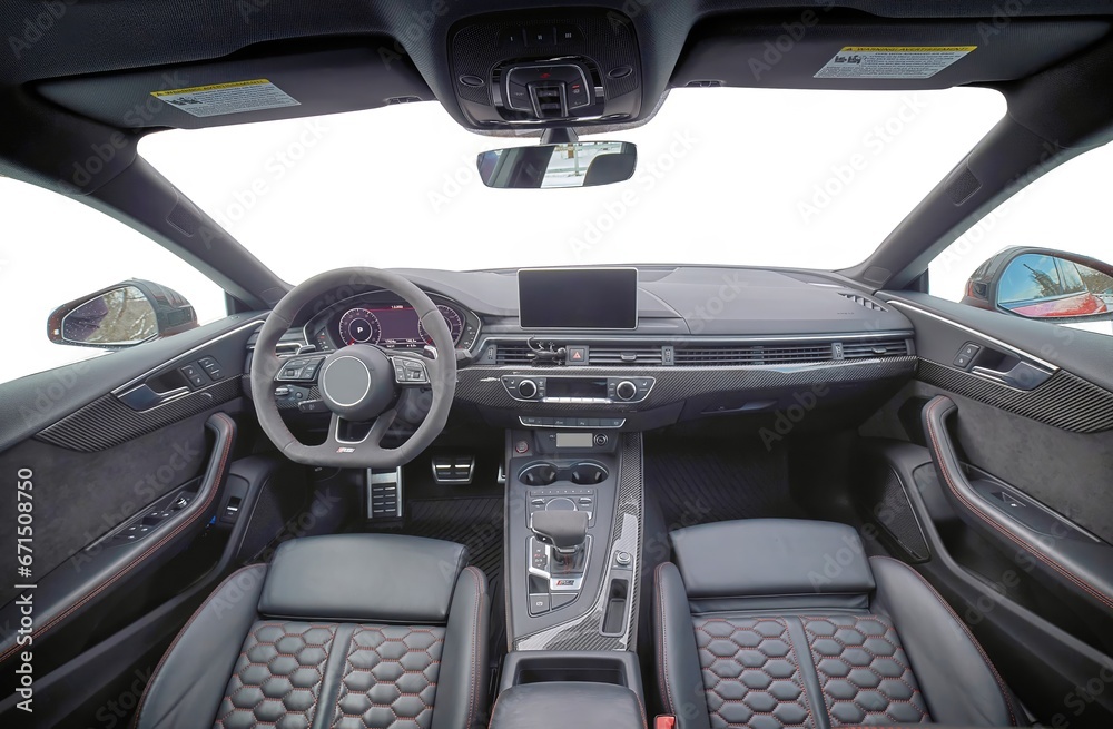 Inside moden car background, luxury car interior elements wallpaper. Black leather car interior