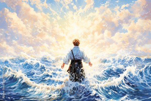 a men standing in the middle of the sea at dawn, illustration