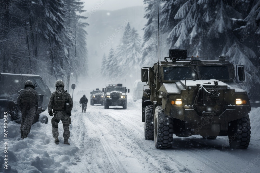Soldiers manning a snowy checkpoint, emphasizing security measures in challenging conditions. Generative Ai