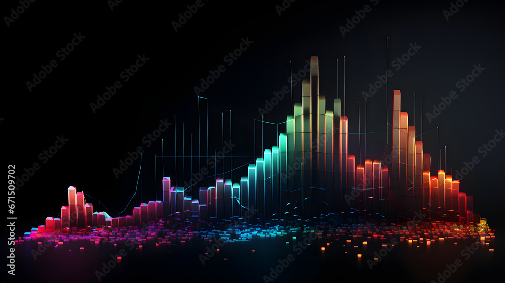 Economy Growth or Investment Concept on Dark Background. Candlesticks and sprouting plants. Abstract Digital Low Poly colorful , crypto currensy graphs, Wireframe illustration with 3D effect.
