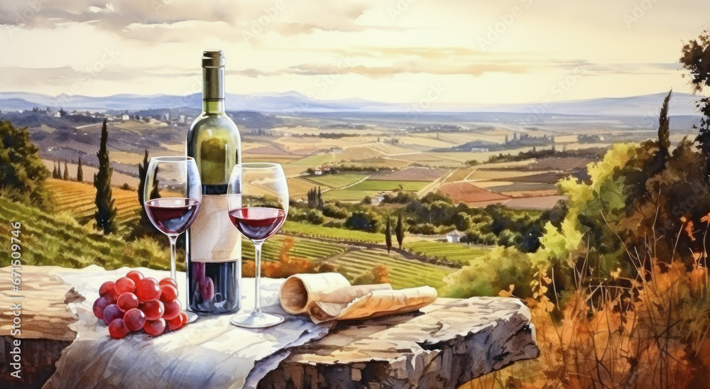Bottles and wine glasses with grapes in the countryside, watercolor landscape