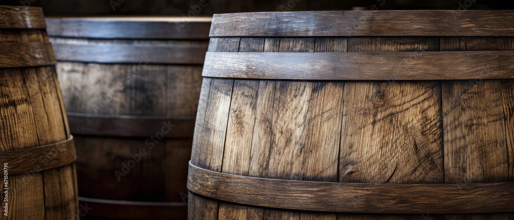 Wooden wine barrel in the wine cellar of a winery close up