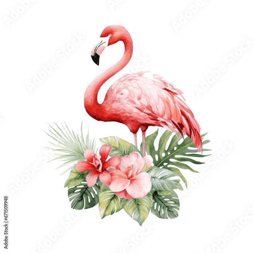 Pink flamingo with tropical leaves decor for greeting card watercolor paint on white background