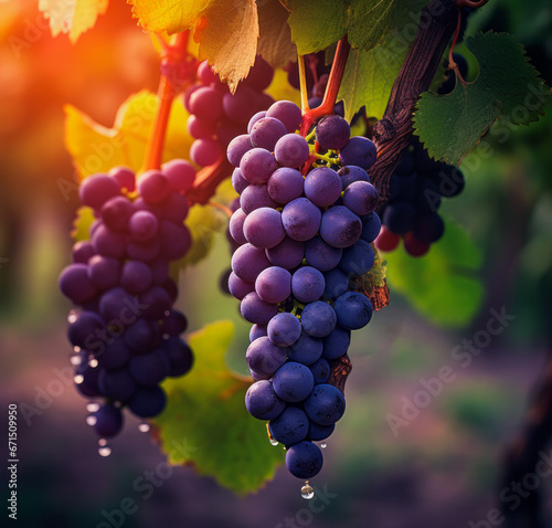 Bunches of ripe grapes in the sunshine in the countryside at sunset