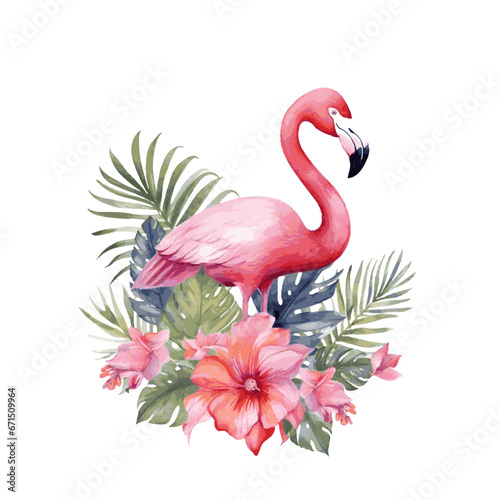 Pink flamingo with tropical leaves decor for greeting card watercolor paint on white background © Oleksiy