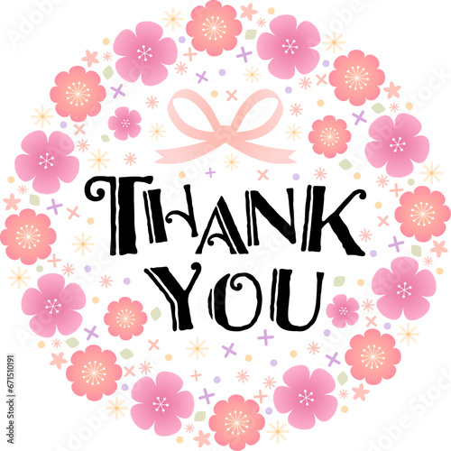 ピンク色の花に囲まれたありがとうのメッセージのベクター画像・thank you