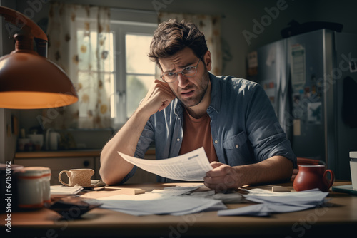 Papier peint sad man making household budget, calculating taxes and working with invoices