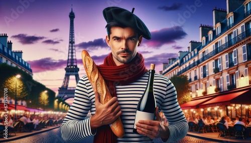 AI illustration of a male golding a baguette and a bottle of wine against Paris cityscape