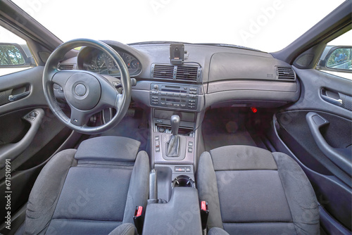 Car sensors and interior. Inside a modern car with transparent windows view, city car interior background png illustration