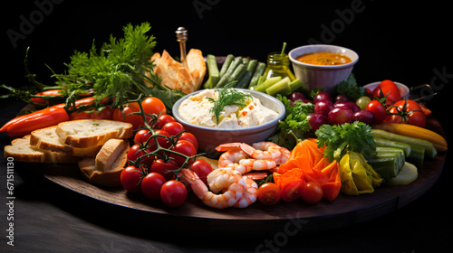 Antipasti plate with various vegetables, shrimps, dips.