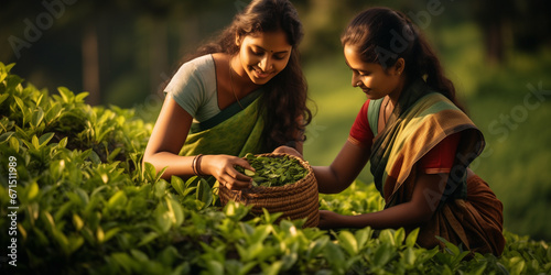 Young Indian woman picking tea leaves photo