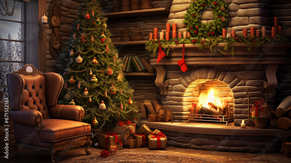 Classic indoor Christmas interior. Magical glowing Christmas tree with fireplace, gifts with dark warm feeling. Background with romantic nostalgic mood.