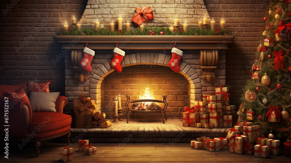 Indoor Christmas interior. Magical glowing Christmas tree with fireplace, gifts with dark warm feeling. Nostalgic background.