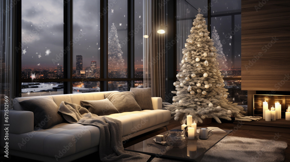 Obraz premium Modern indoor Christmas living room with a sofa. White beautiful glowing Christmas tree with fireplace and candles. Dark background romantic holiday scene.