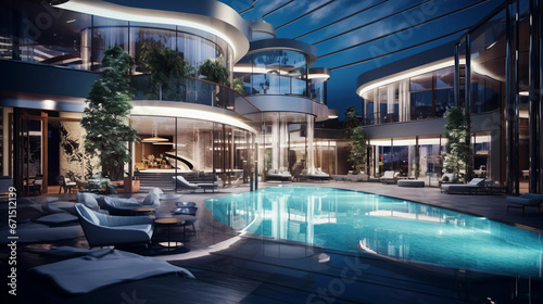 Luxury five star hotel indoor pool. Modern futuristic smart building of millionaire.