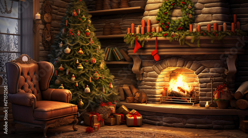 Classic indoor Christmas interior. Magical glowing Christmas tree with fireplace, gifts with dark warm feeling. Background with romantic nostalgic mood.