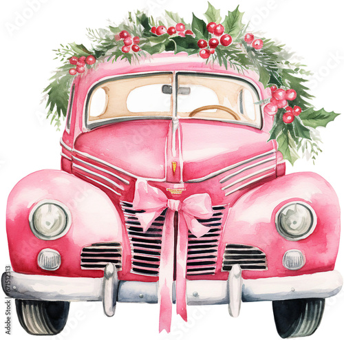 Watercolor Pink Christmas Truck in Retro Style  Isolated