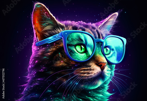 Fantasy cat wearing glasses with multicolored style.funny wildlife in surreal surrealism art.creativity and inspiration background. © Limitless Visions