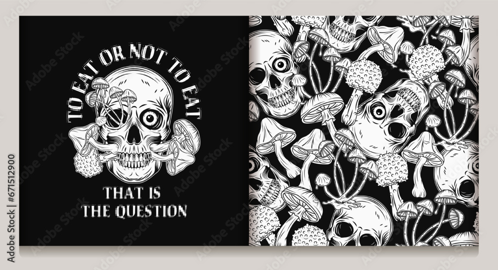 Pattern, label with human skull, mushrooms, text. Crazy mad skull with eye, mushrooms growing through skull. Concept of madness and craziness Surreal illustration for groovy, psychedelic design Not AI Pattern, label with human skull, mushrooms, text. Crazy mad skull with eye, mushrooms growing through skull. Concept of madness and craziness Surreal illustration for groovy, psychedelic design Not AI