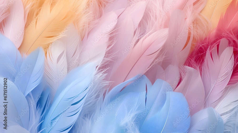 Obraz premium Feathers background with colorful natural, neutral and pastel colors and aesthetic soft style. Fragile and sensitive elements from nature. Beautiful wallpaper with natural texture. Purity and beauty.