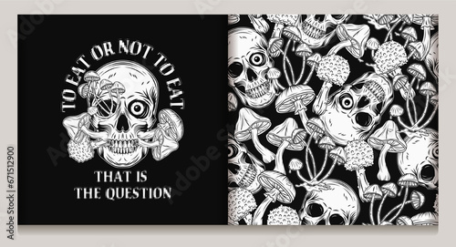 Pattern, label with human skull, mushrooms, text. Crazy mad skull with eye, mushrooms growing through skull. Concept of madness and craziness Surreal illustration for groovy, psychedelic design Not AI