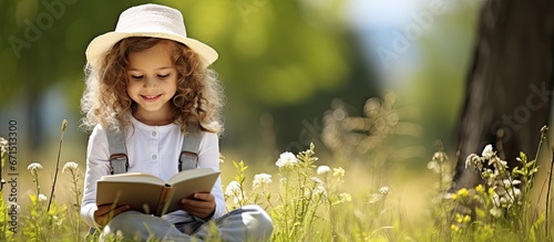 Young girl leisurely reading a book outdoors on a beautiful summer day photo