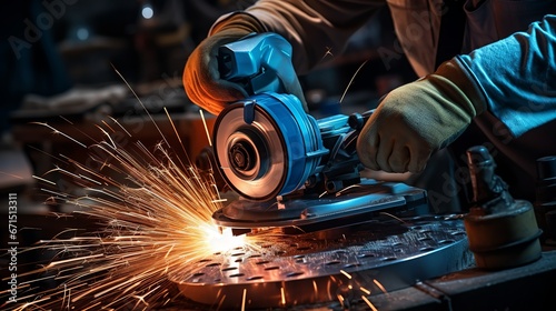 grinding cutting metal sheet with angle grinder machine and sparks	 photo