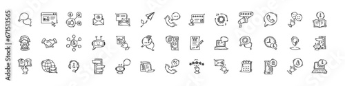 Doodle contact us icon set. 24 hours email, phone, web site, chat bot, call customer support and service. Social media, web page, messaging sketch symbols. Subscribe for newsletters