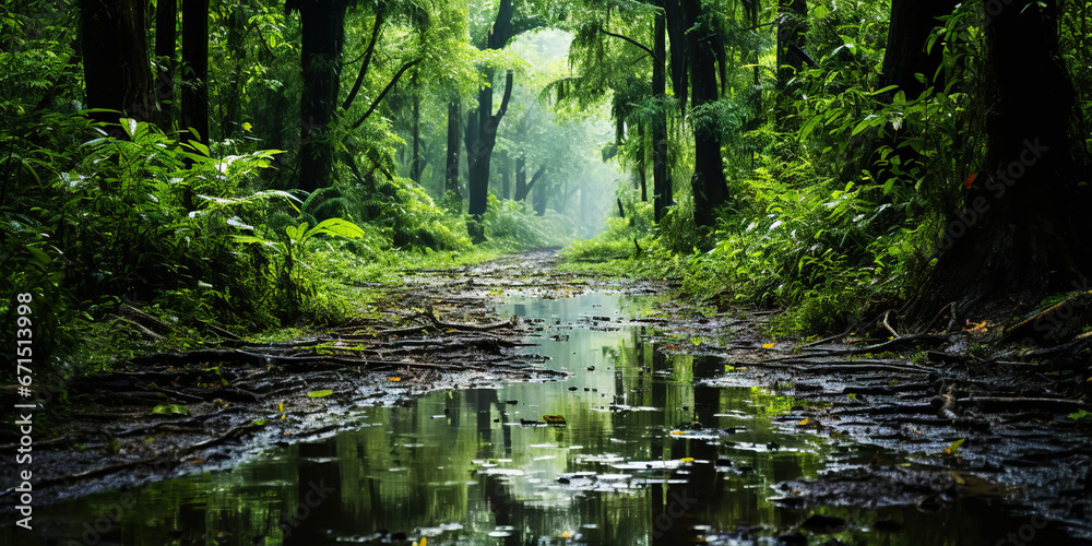 Fototapeta premium Swamp forest with a light mist. Quagmire in the spring green forest. Generative AI