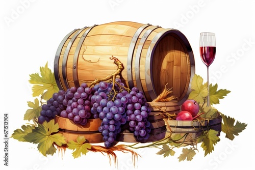 Illustration of wine with barrel, hay, and grape. Generative AI