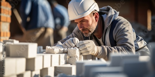 Portrait of a male bricklayer laying white bricks at a construction site