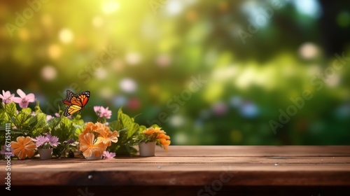 spring flower and butterfly and sunny garden bokeh background © mOuntase graphic