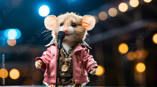 Cute little rat with microphone on bokeh background, studio shot. A stylish little white rat in a pink coat with a microphone on the stage.