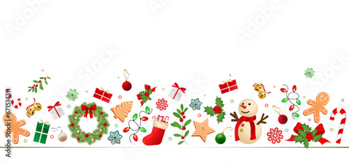 Christmas horizontal background with colorful realistic decorations